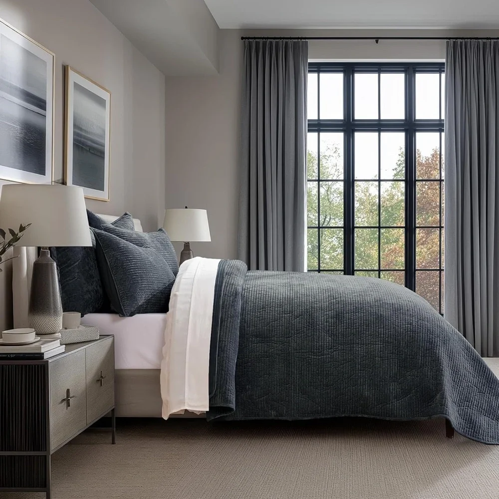 🆕 PB Style Blue Velvet Quilt Set 3 Piece King Stormy Luxe Soft Coverlet NEW NIP